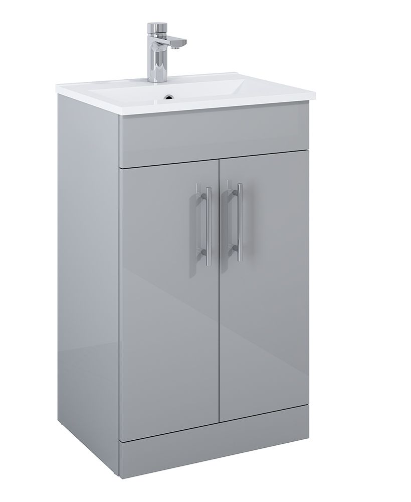 SONAS Belmount Square Light Grey Gloss 50cm Short Projection 2 Door Floor Standing Vanity- Chrome Hardware