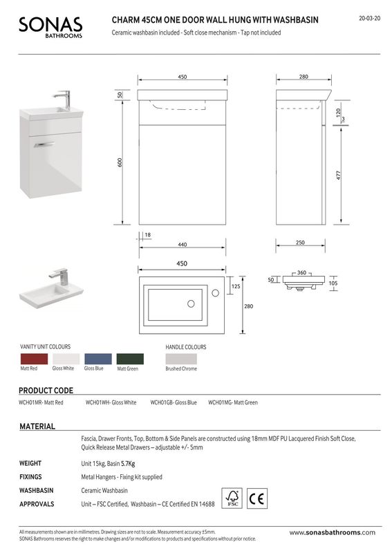 SONAS Charm 45cm Gloss White Wall Hung Cloakroom Vanity Unit- Chrome Hardware