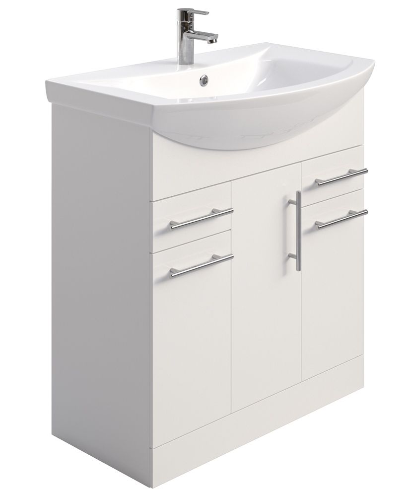 SONAS Belmont Gloss White 75cm 3 Door, 2 Drawer, Floor Standing Vanity Unit- Chrome Hardware