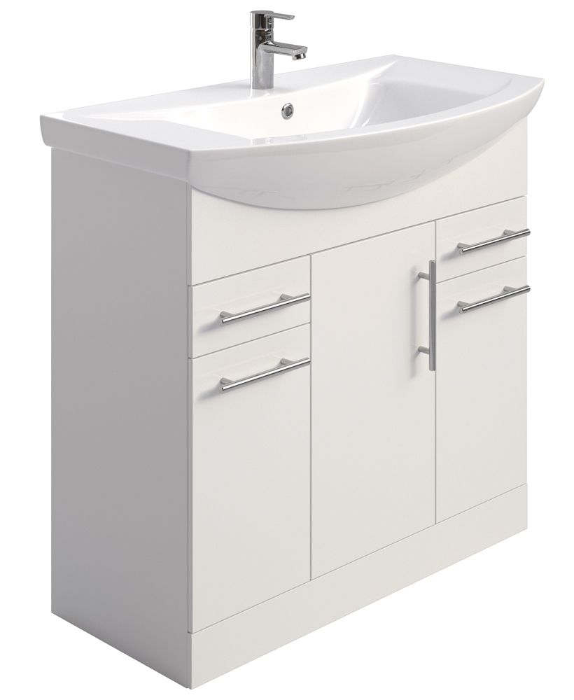 SONAS Belmont Gloss White 85cm 3 Door, 2 Drawer, Floor Standing Vanity Unit- Chrome Hardware