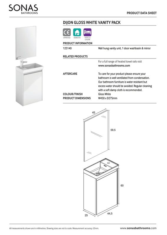 SONAS Dijon 45cm Gloss White Wall Hung Cloakroom Pack with Mirror