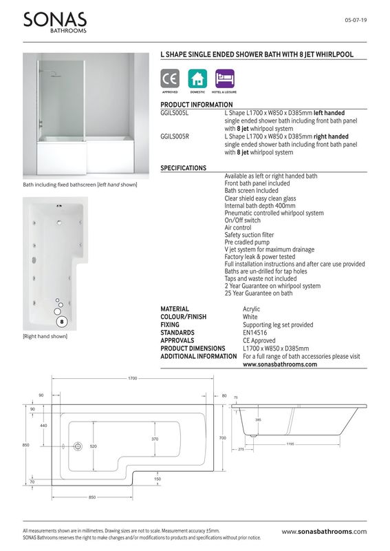 L SHAPE 1700x850mm Single Ended 8 Chrome Jet Whirlpool Bath &amp; Panel White with Bath Screen Chrome