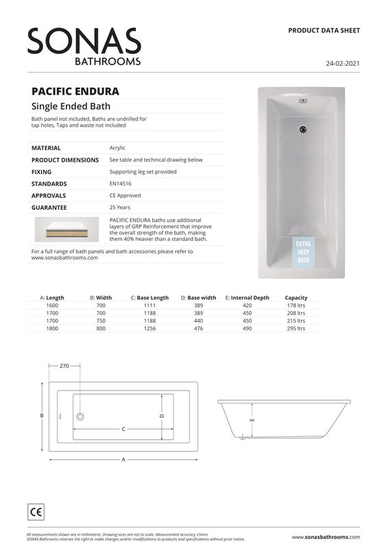PACIFIC ENDURA Single Ended Bath White
