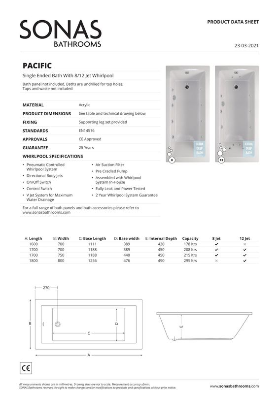 PACIFIC Single Ended 12 Chrome Jet Whirlpool Bath White
