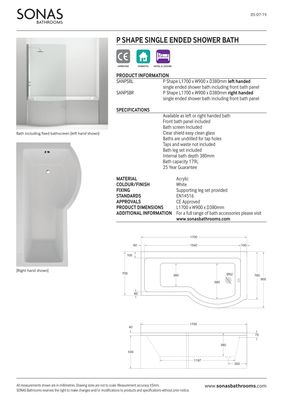 P SHAPE 1700x900mm Single Ended Bath &amp; Panel White with Bath Screen Chrome