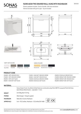 FJORD Wall Hung 60cm Two Drawer Unit Matt Midnight Grey &amp; Handle