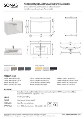 FJORD Wall Hung 80cm Two Drawer Unit Matt Midnight Grey &amp; Handle