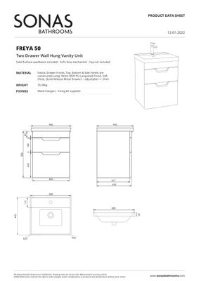 FREYA Wall Hung 50cm Two Drawer Unit Matt Coral Green &amp; Handles