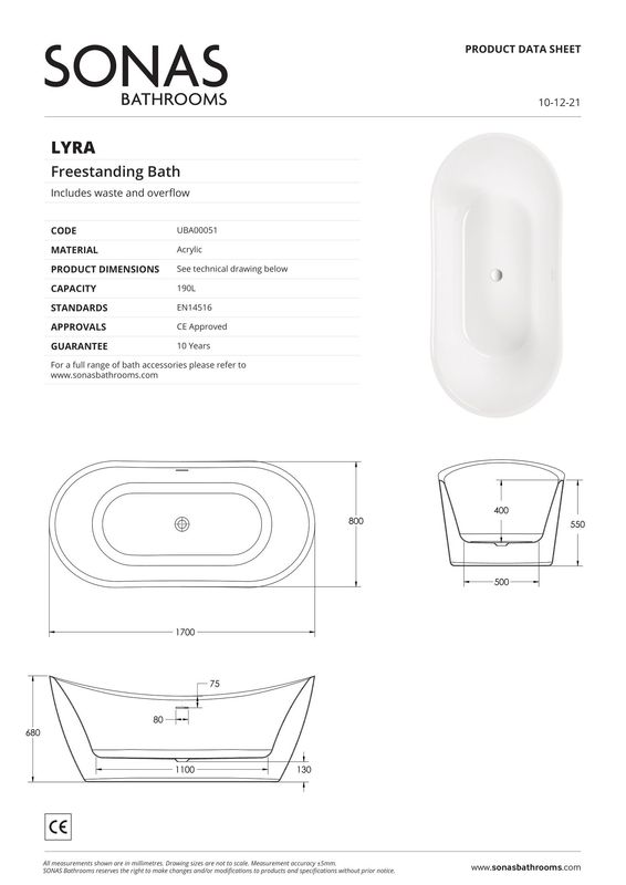 LYRA 1700x800mm Freestanding Bath