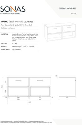 MALMO Wall Hung 120cm Two Drawer Countertop Unit Matt Black &amp; Handles