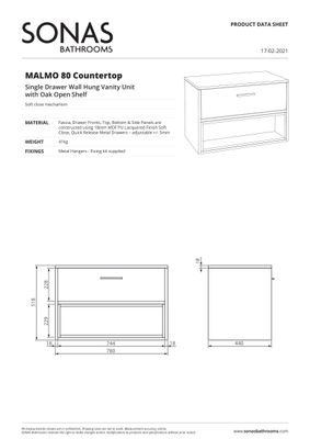 MALMO Wall Hung 80cm Single Drawer Countertop Unit Matt Ocean Blue &amp; Handle