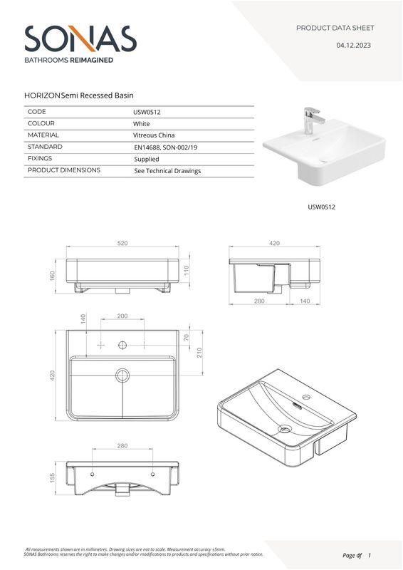 HORIZON 52cm 1TH Semi Recessed Wash Basin