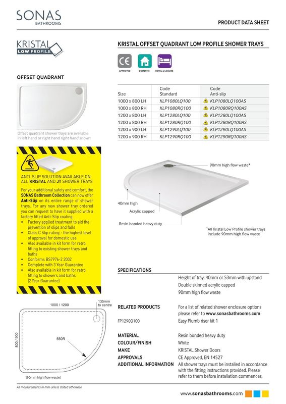 KRISTAL Low Profile Offset Quadrant No Upstand No Anti Slip Left Hand Shower Tray White &amp; Waste