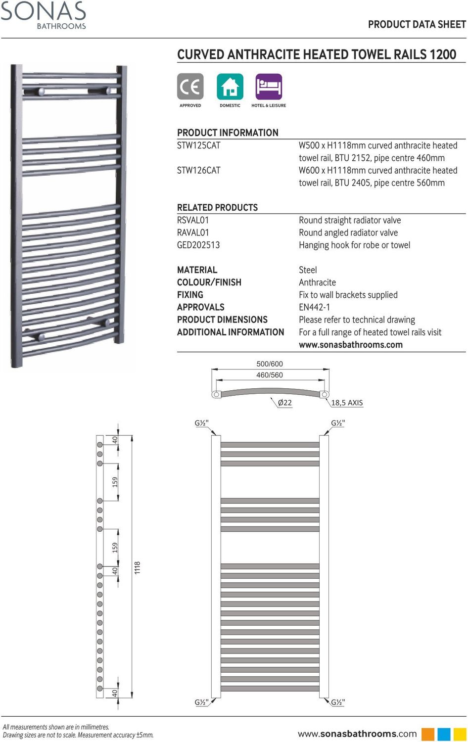SONAS Curved Anthracite Heated Towel Rail, Size: 1200x500