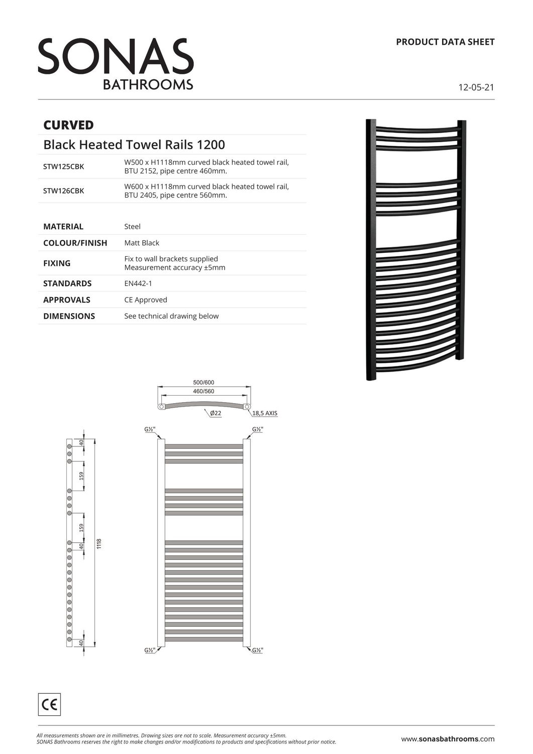 SONAS Curved Black Heated Towel Rail, Size: 1200x500