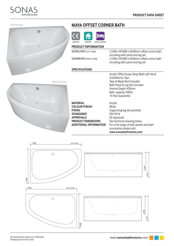 MAYA 1500x1000mm Offset Corner Hand Bath &amp; Panel White