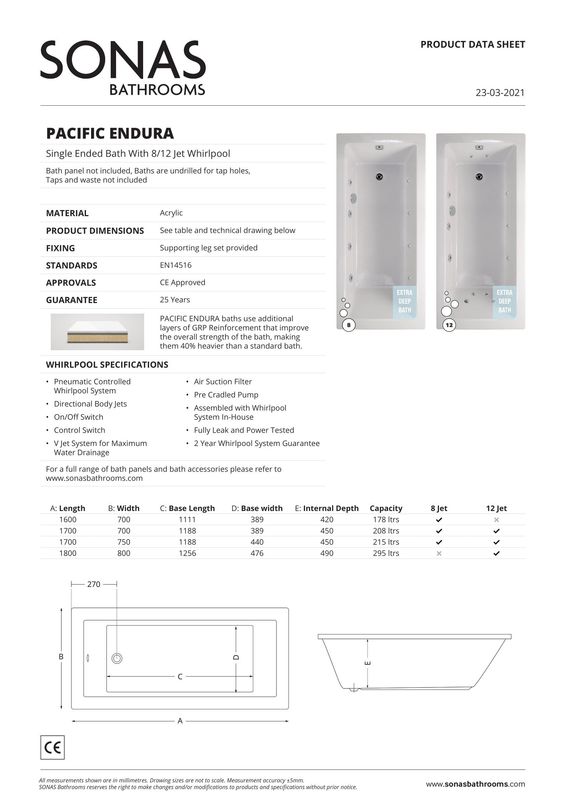 PACIFIC ENDURA Single Ended 8 Chrome Jet Whirlpool Bath White