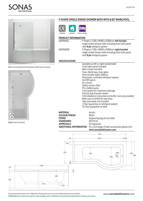 P SHAPE 1700x900mm Single Ended 8 Chrome Jet Whirlpool Bath &amp; Panel White with Bath Screen Chrome