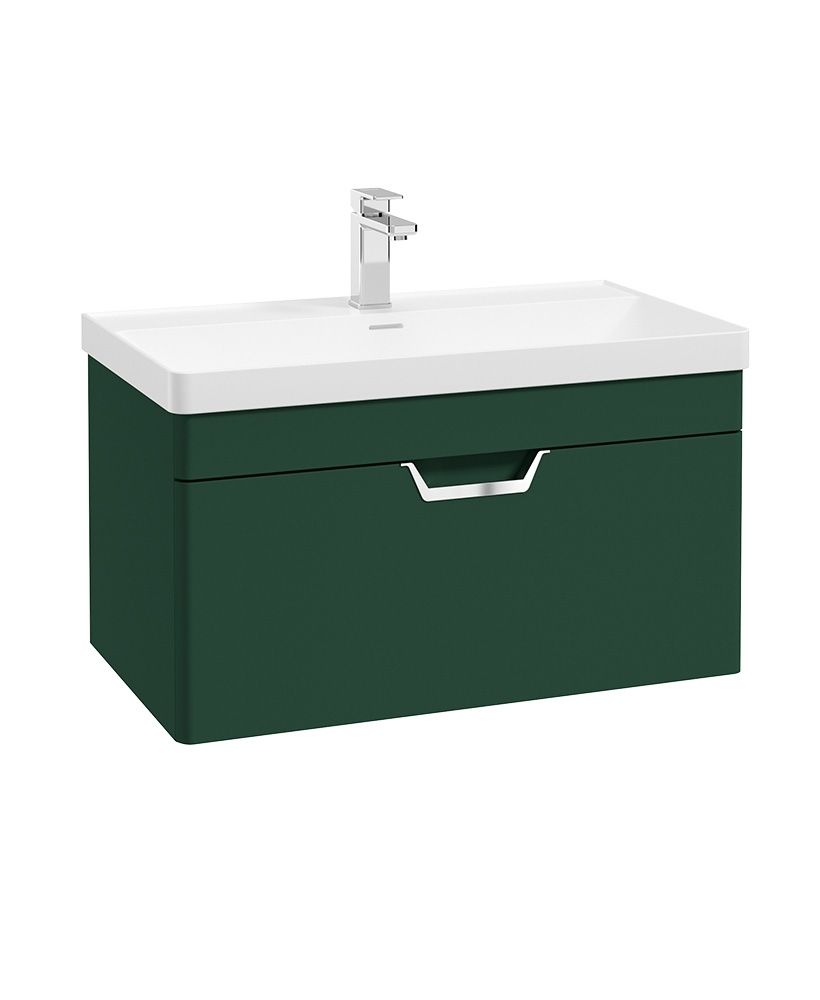 FREYA Wall Hung 80cm Single Drawer Unit Matt Wreath Green &amp; Handle