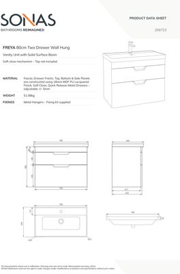 FREYA Wall Hung 80cm Two Drawer Unit Matt Black &amp; Handles