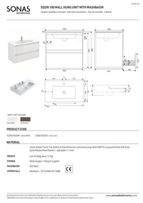 SONAS Dijon 100cm Gloss White Wall Hung Vanity Unit