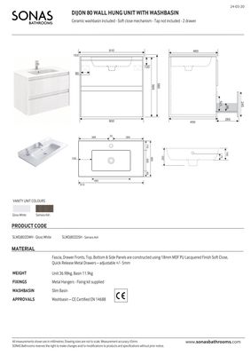 SONAS Dijon 80cm Gloss White Wall Hung Vanity Unit