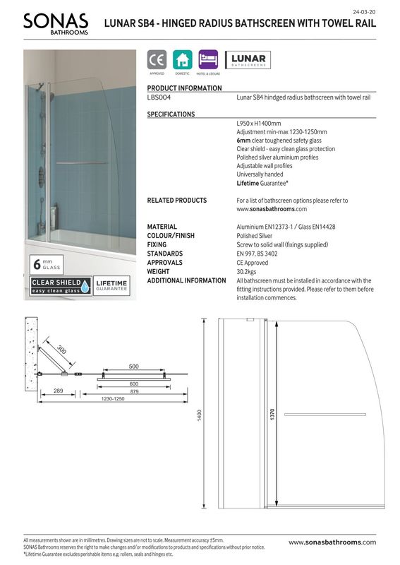 LUNAR SB4 6mm Hinged Bath Screen with Towel Rail Chrome