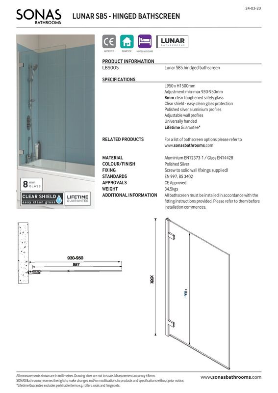 LUNAR SB5 8mm Hinged Bath Screen Chrome
