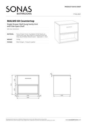 MALMO Wall Hung 60cm Single Drawer Countertop Unit Matt Ocean Blue &amp; Handle