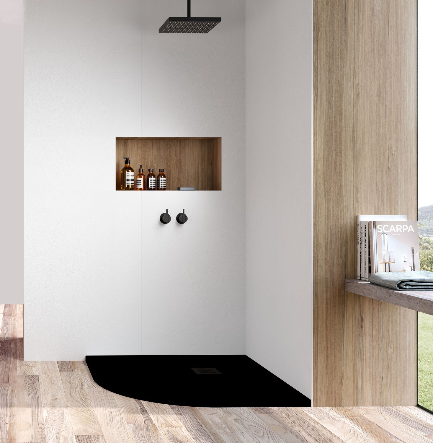 Offset Quadrant Black Slate Shower Tray  &amp; Grid