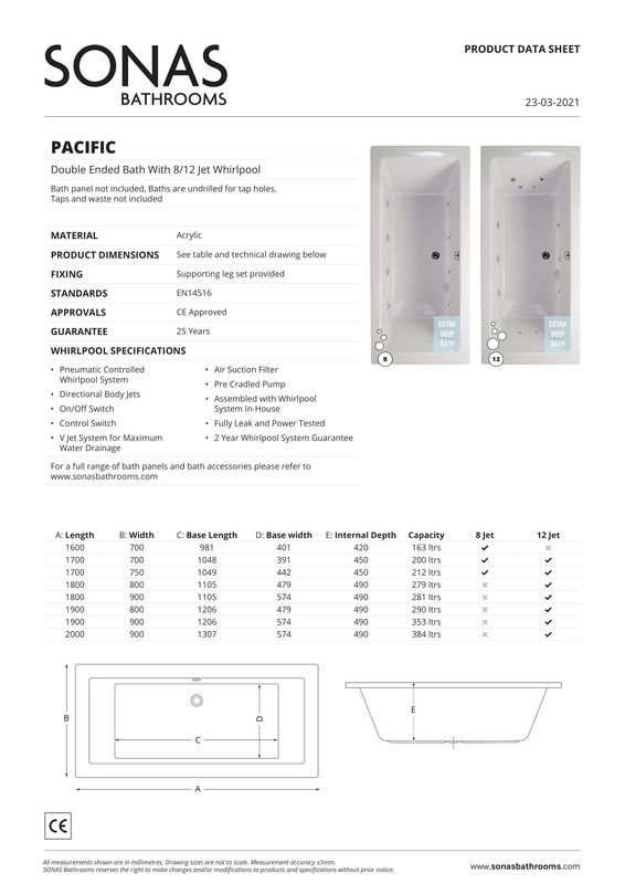 PACIFIC Double Ended 12 Chrome Jet Whirlpool Bath White