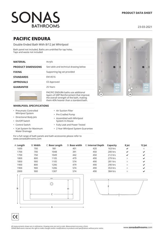 PACIFIC ENDURA  Double Ended 8 Chrome Jet Whirlpool Bath White
