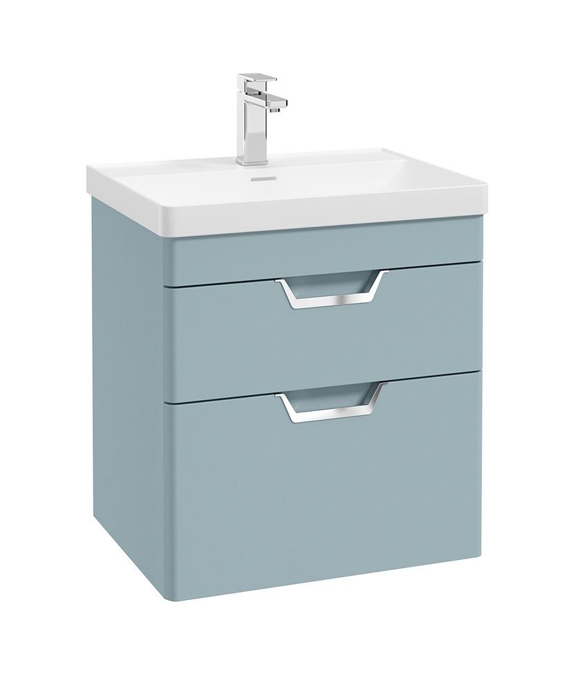 FREYA Wall Hung 60cm Two Drawer Unit Matt Morning Sky Blue &amp; Handles