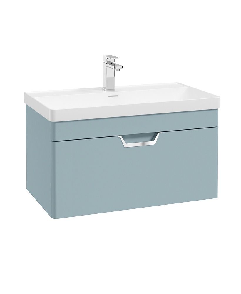 FREYA Wall Hung 80cm Single Drawer Unit Matt Morning Sky Blue &amp; Handle