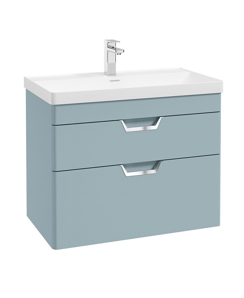 FREYA Wall Hung 80cm Two Drawer Unit Matt Morning Sky Blue &amp; Handles