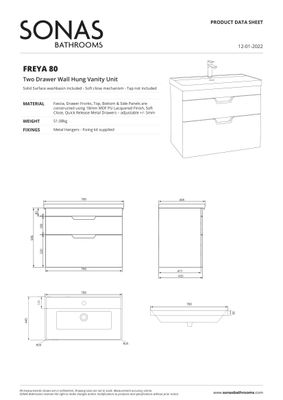 FREYA Wall Hung 80cm Two Drawer Unit Matt Morning Sky Blue &amp; Handles