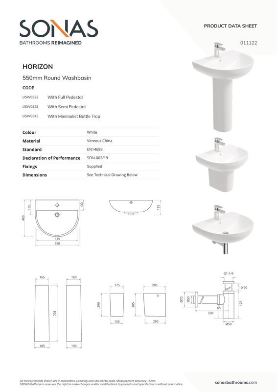 HORIZON Round 55cm 1TH Wash Basin &amp; Bottle Trap
