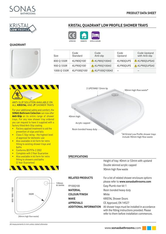 KRISTAL Low Profile Quadrant No Upstand No Anti Slip Shower Tray White &amp; Waste