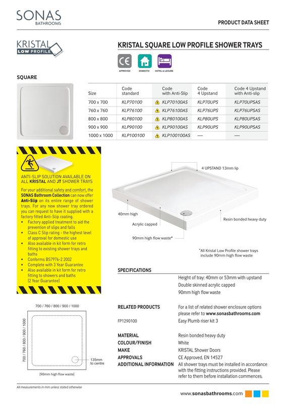 KRISTAL Low Profile Square No Upstand No Anti Slip Shower Tray White &amp; Waste