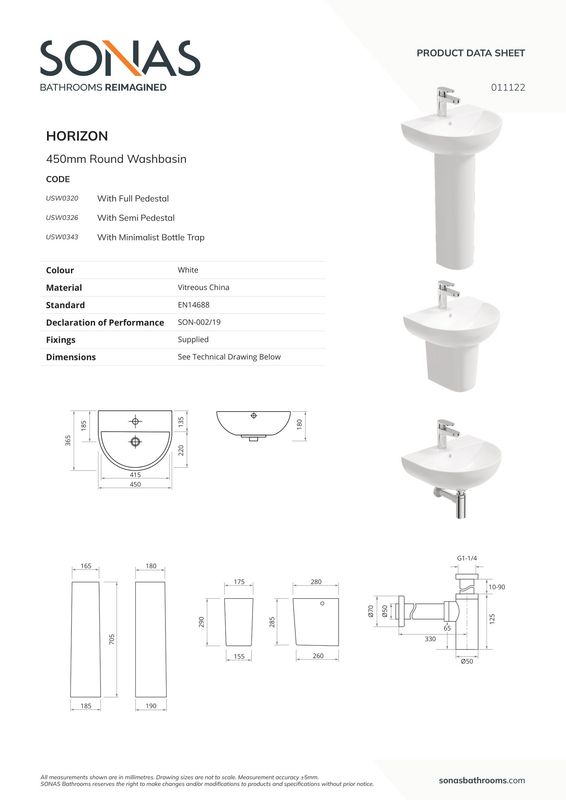 HORIZON Round 45cm 1TH Wash Basin &amp; Bottle Trap