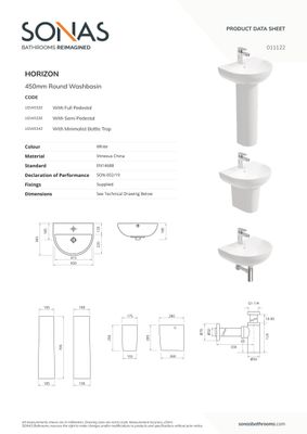 HORIZON Round 45cm 1TH Wash Basin &amp; Bottle Trap