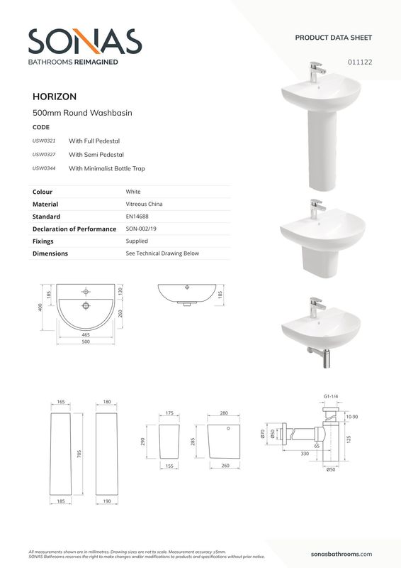 HORIZON Round 50cm 1TH Wash Basin &amp; Bottle Trap