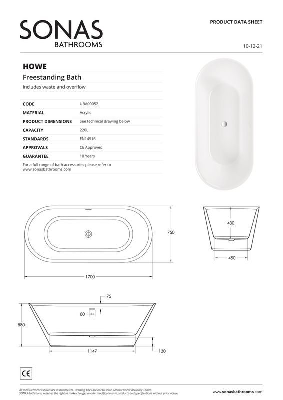 HOWE 1700x750mm Freestanding Bath