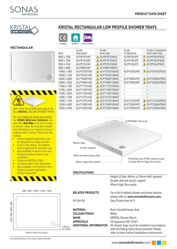 KRISTAL Low Profile Rectangle 700 mm No Upstand No Anti Slip Shower Tray White &amp; Waste