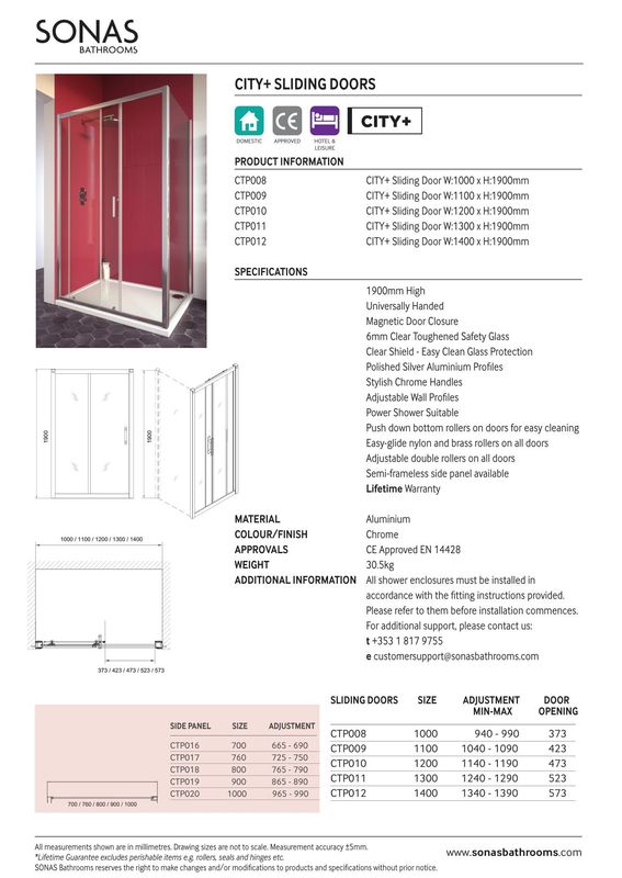 CITY PLUS Sliding 1000mm Shower Door Chrome