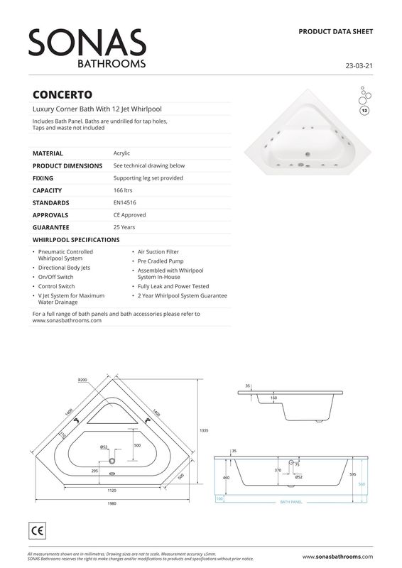 CONCERTO 1400x1400mm Corner 12 Jet Whirlpool Bath &amp; Panel White