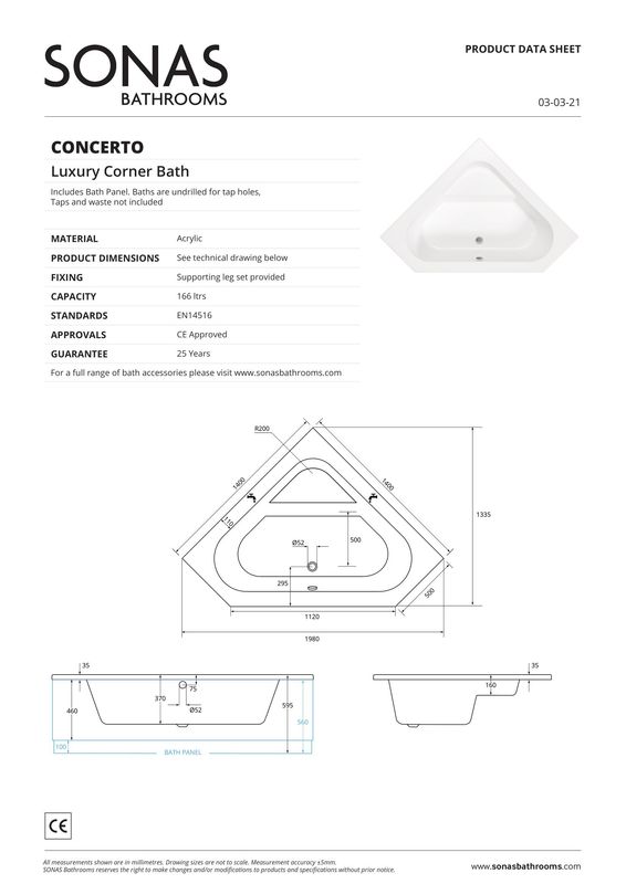 CONCERTO 1400x1400mm Corner Bath &amp; Panel White