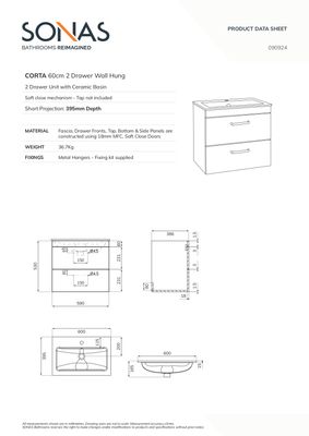 CORTA Wall Hung 60cm Two Drawer Unit Morning Mist-Chrome Handles