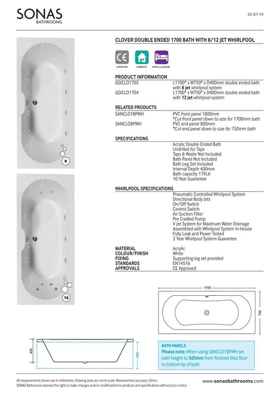 CLOVER Double Ended 8 Chrome Jet Whirlpool Bath White