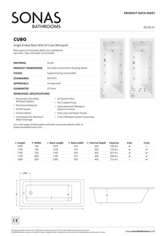 CUBO Single Ended 8 Chrome Jet Whirlpool Bath White